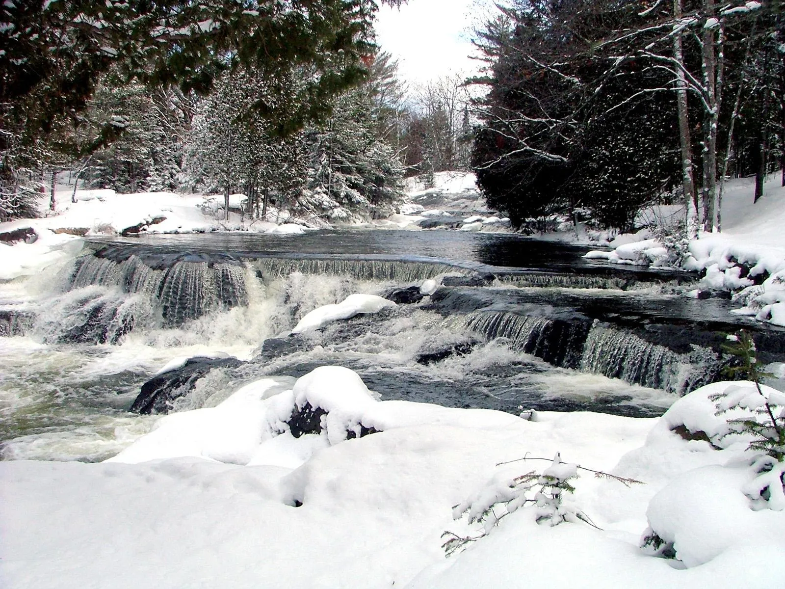 A wide waterfall cascades over rocks in a forest covered in snow.