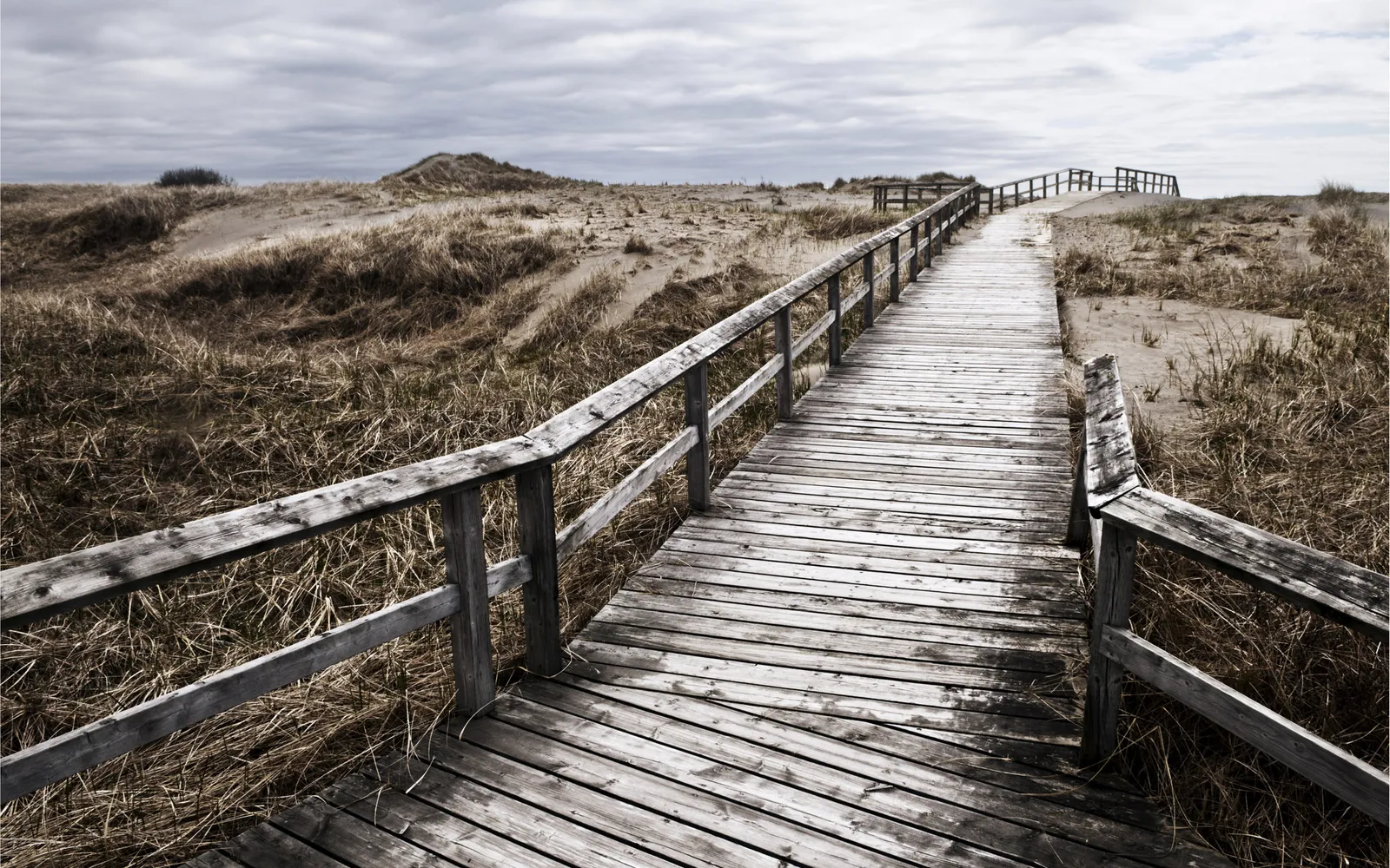 A weathered wooden boardwalk leads through dry, grassy dunes towards a cloudy sky.