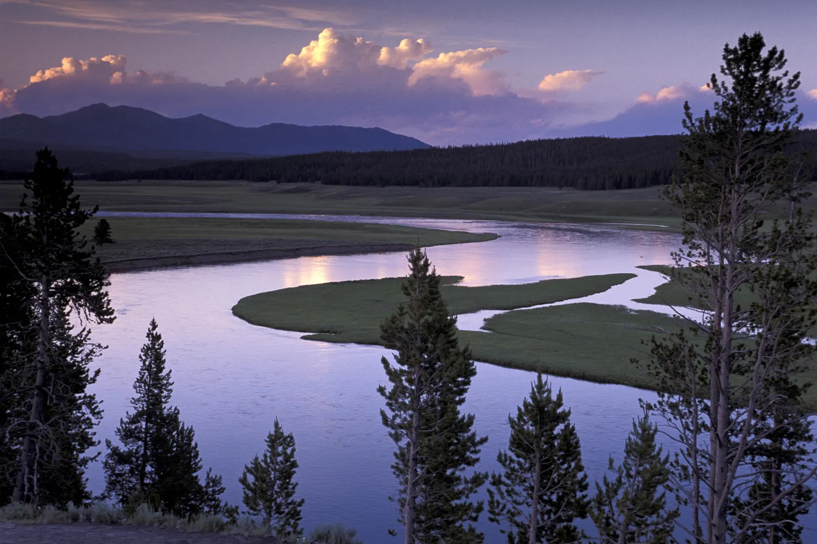 A wide, winding river flows through a grassy valley with mountains in the distance under a cloudy sky.
